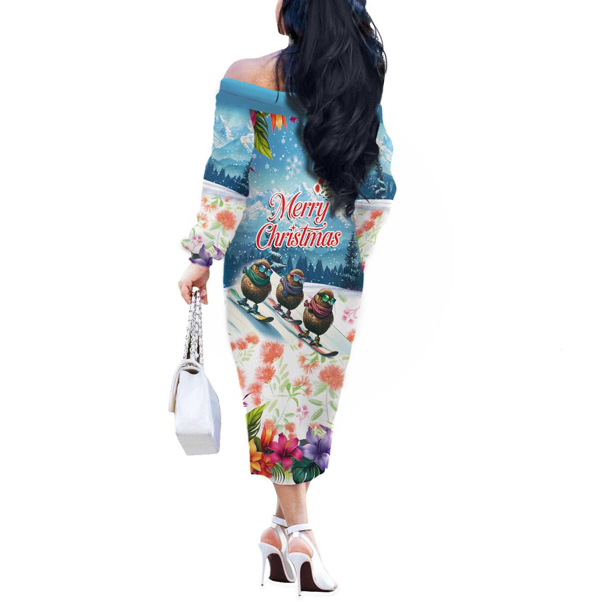 New Zealand Merry Christmas Off The Shoulder Long Sleeve Dress Kiwi Birds Snow Boarding-Vibrant Tropical Flower - Polynesian Pride