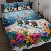 New Zealand Merry Christmas Quilt Bed Set Kiwi Birds Snow Boarding-Vibrant Tropical Flower - Polynesian Pride
