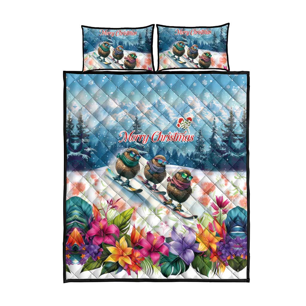 New Zealand Merry Christmas Quilt Bed Set Kiwi Birds Snow Boarding-Vibrant Tropical Flower - Polynesian Pride