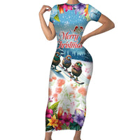 New Zealand Merry Christmas Short Sleeve Bodycon Dress Kiwi Birds Snow Boarding-Vibrant Tropical Flower - Polynesian Pride