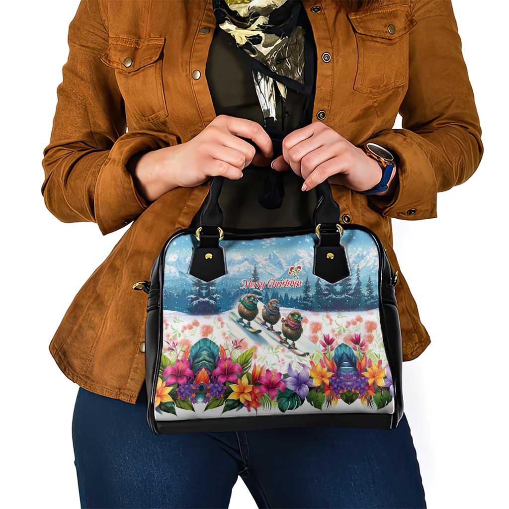 New Zealand Merry Christmas Shoulder Handbag Kiwi Birds Snow Boarding-Vibrant Tropical Flower - Polynesian Pride