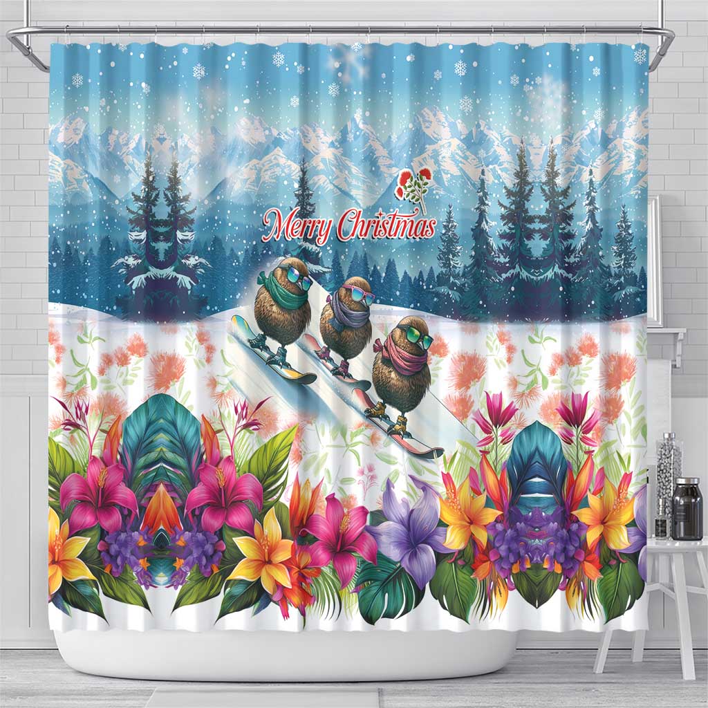 New Zealand Merry Christmas Shower Curtain Kiwi Birds Snow Boarding-Vibrant Tropical Flower - Polynesian Pride