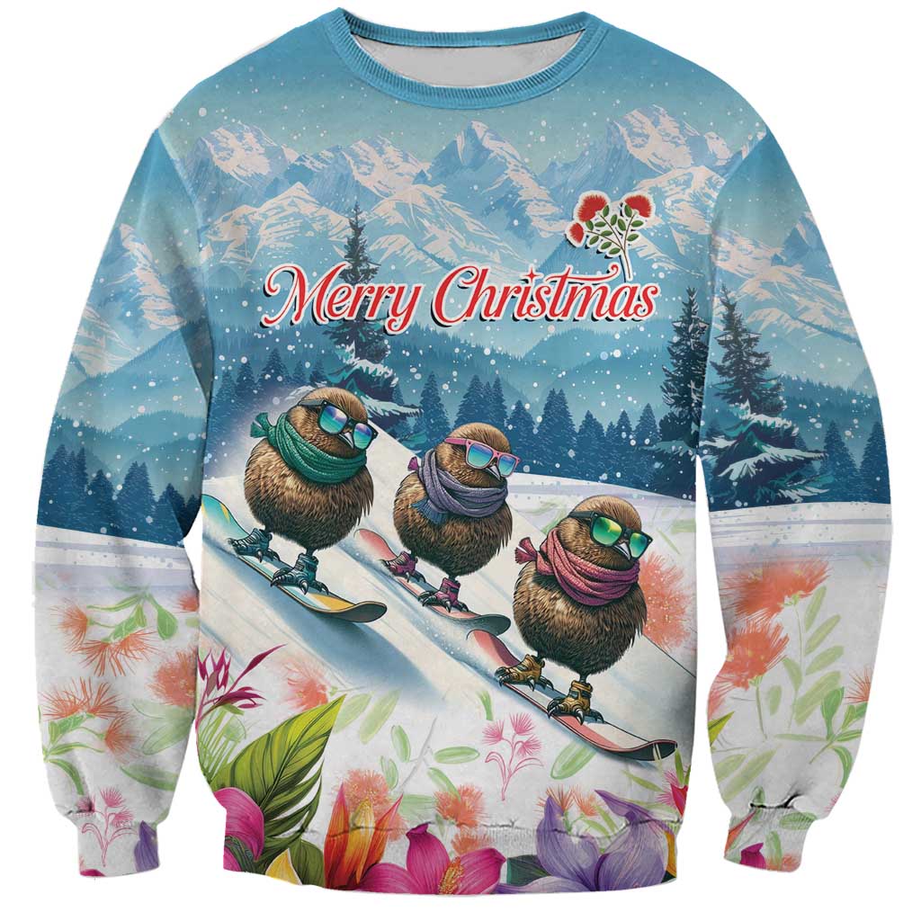 New Zealand Merry Christmas Sweatshirt Kiwi Birds Snow Boarding-Vibrant Tropical Flower - Polynesian Pride
