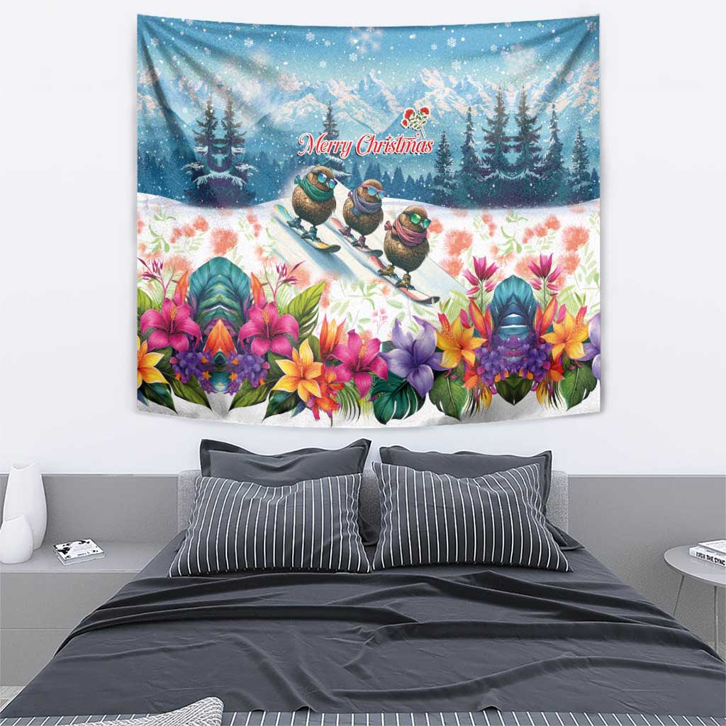New Zealand Merry Christmas Tapestry Kiwi Birds Snow Boarding-Vibrant Tropical Flower - Polynesian Pride