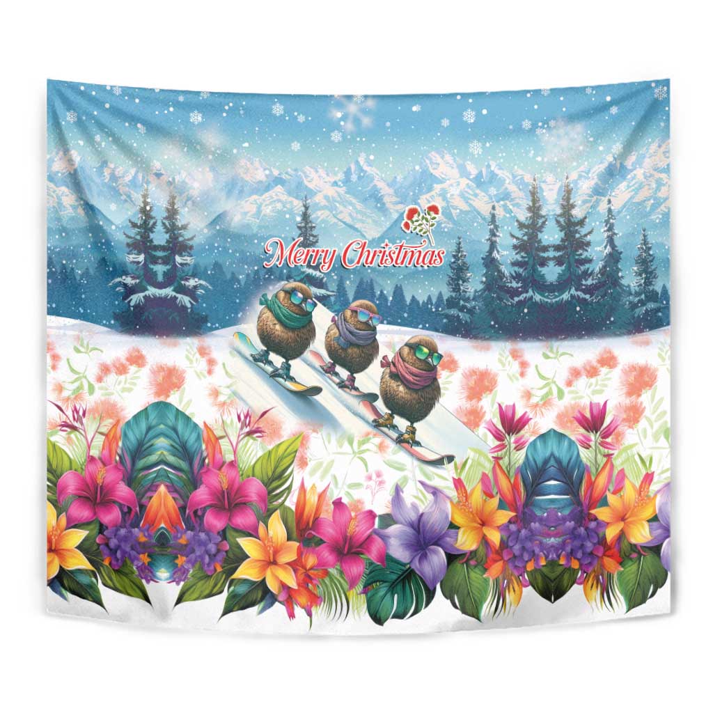 New Zealand Merry Christmas Tapestry Kiwi Birds Snow Boarding-Vibrant Tropical Flower - Polynesian Pride