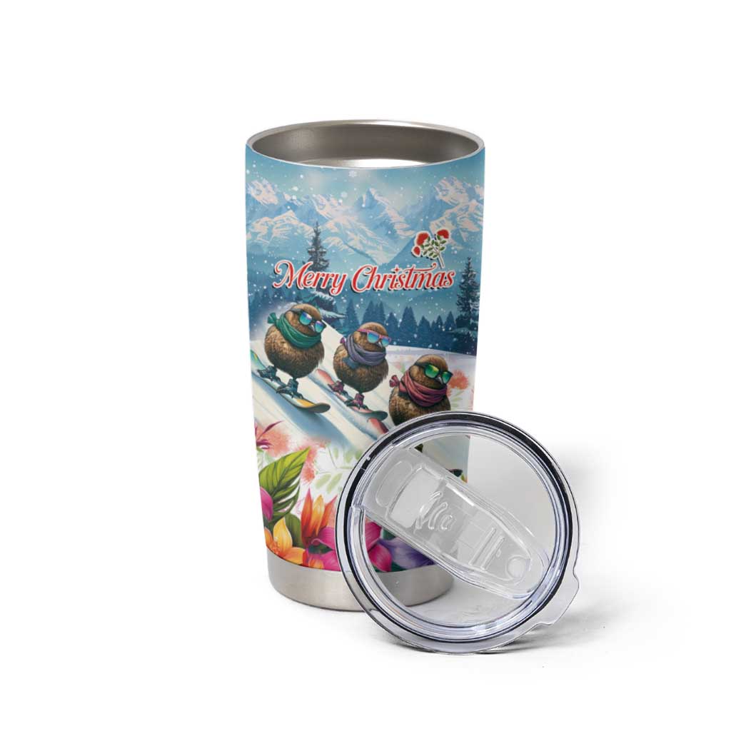 New Zealand Merry Christmas Tumbler Cup Kiwi Birds Snow Boarding-Vibrant Tropical Flower - Polynesian Pride