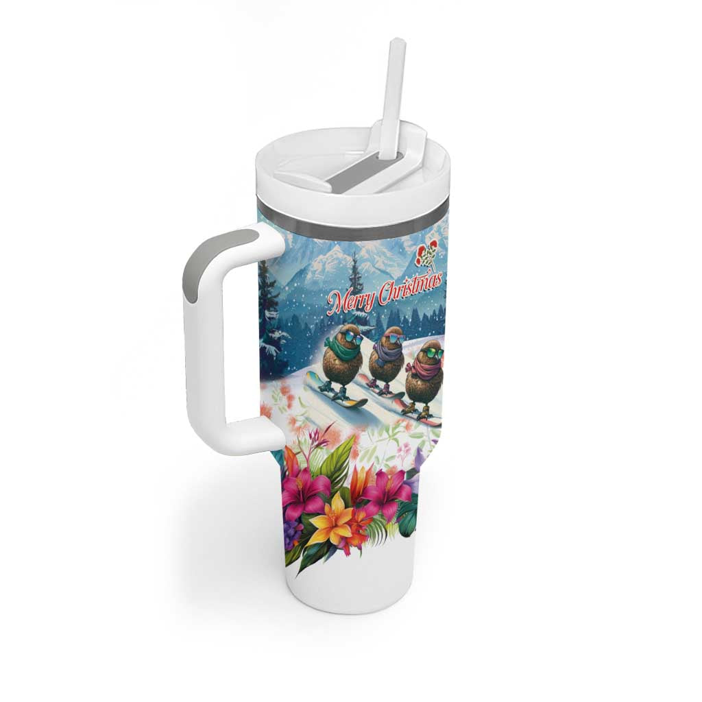 New Zealand Merry Christmas Tumbler With Handle Kiwi Birds Snow Boarding-Vibrant Tropical Flower - Polynesian Pride