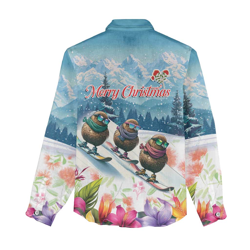 New Zealand Merry Christmas Women Casual Shirt Kiwi Birds Snow Boarding-Vibrant Tropical Flower - Polynesian Pride