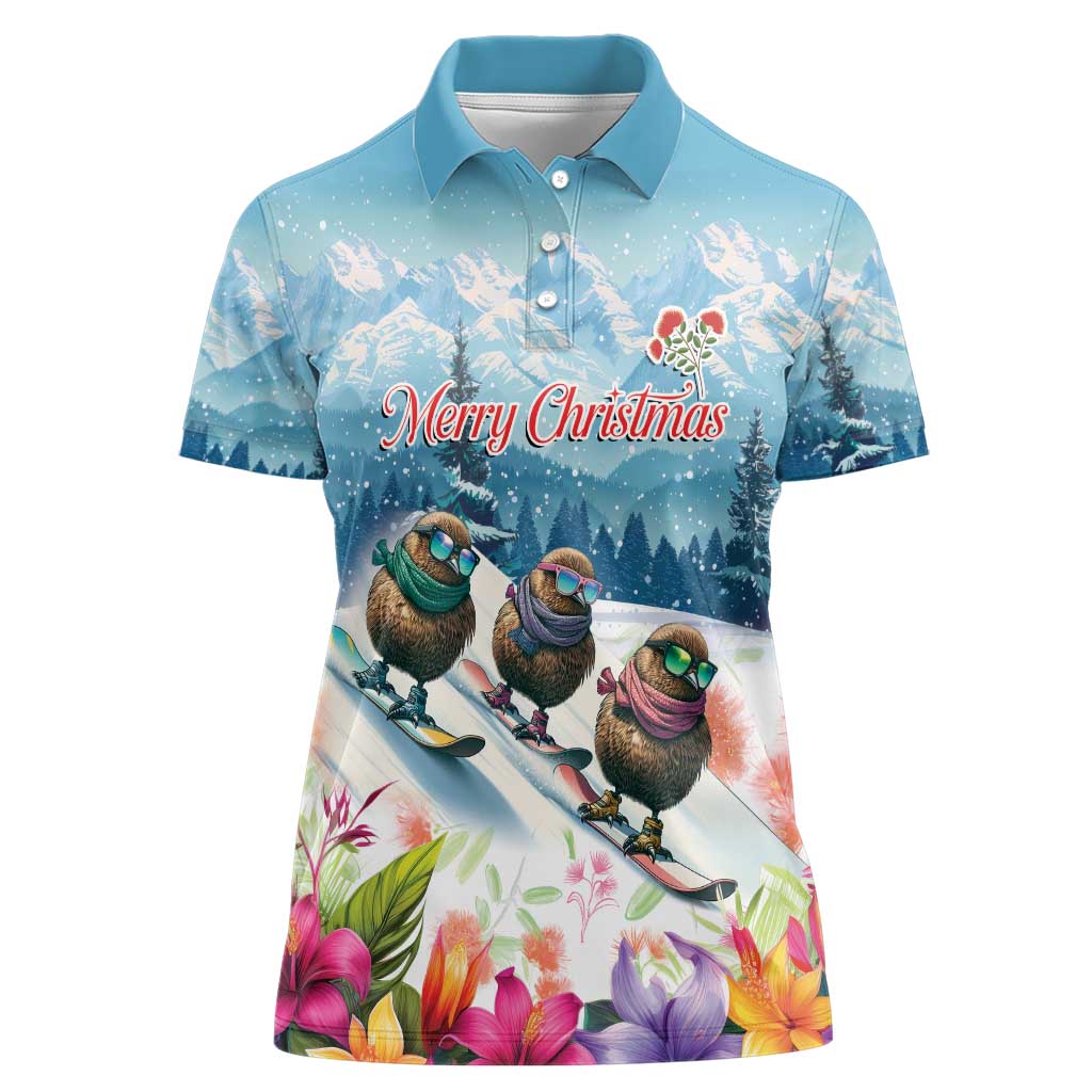 New Zealand Merry Christmas Women Polo Shirt Kiwi Birds Snow Boarding-Vibrant Tropical Flower - Polynesian Pride