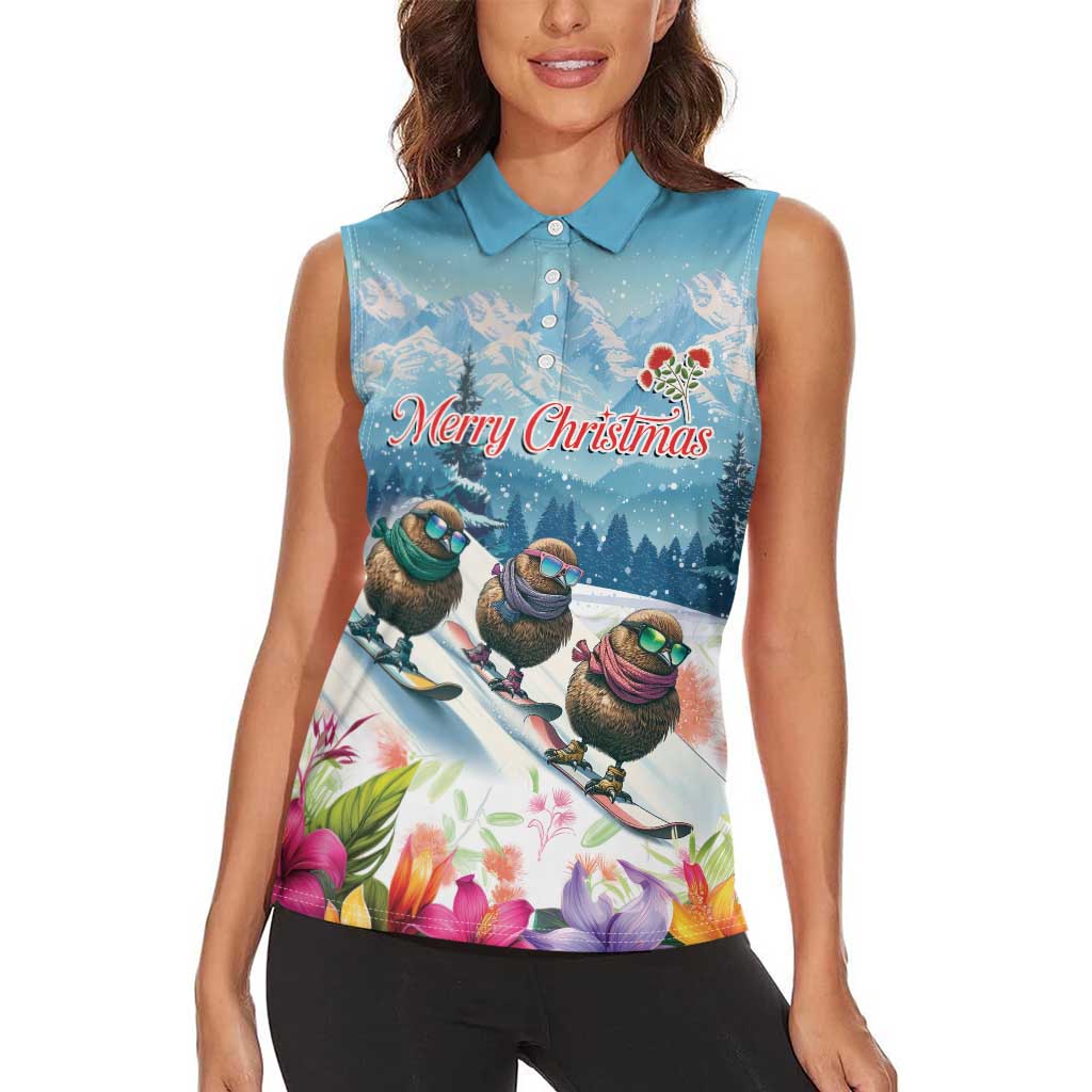 New Zealand Merry Christmas Women Sleeveless Polo Shirt Kiwi Birds Snow Boarding-Vibrant Tropical Flower - Polynesian Pride