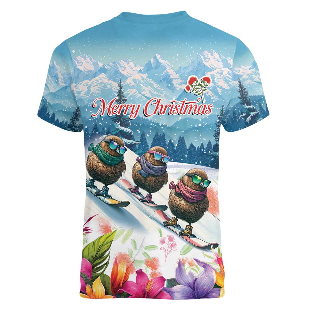 New Zealand Merry Christmas Women V-Neck T-Shirt Kiwi Birds Snow Boarding-Vibrant Tropical Flower - Polynesian Pride