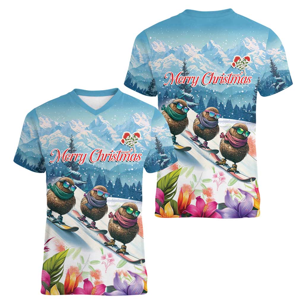 New Zealand Merry Christmas Women V-Neck T-Shirt Kiwi Birds Snow Boarding-Vibrant Tropical Flower - Polynesian Pride
