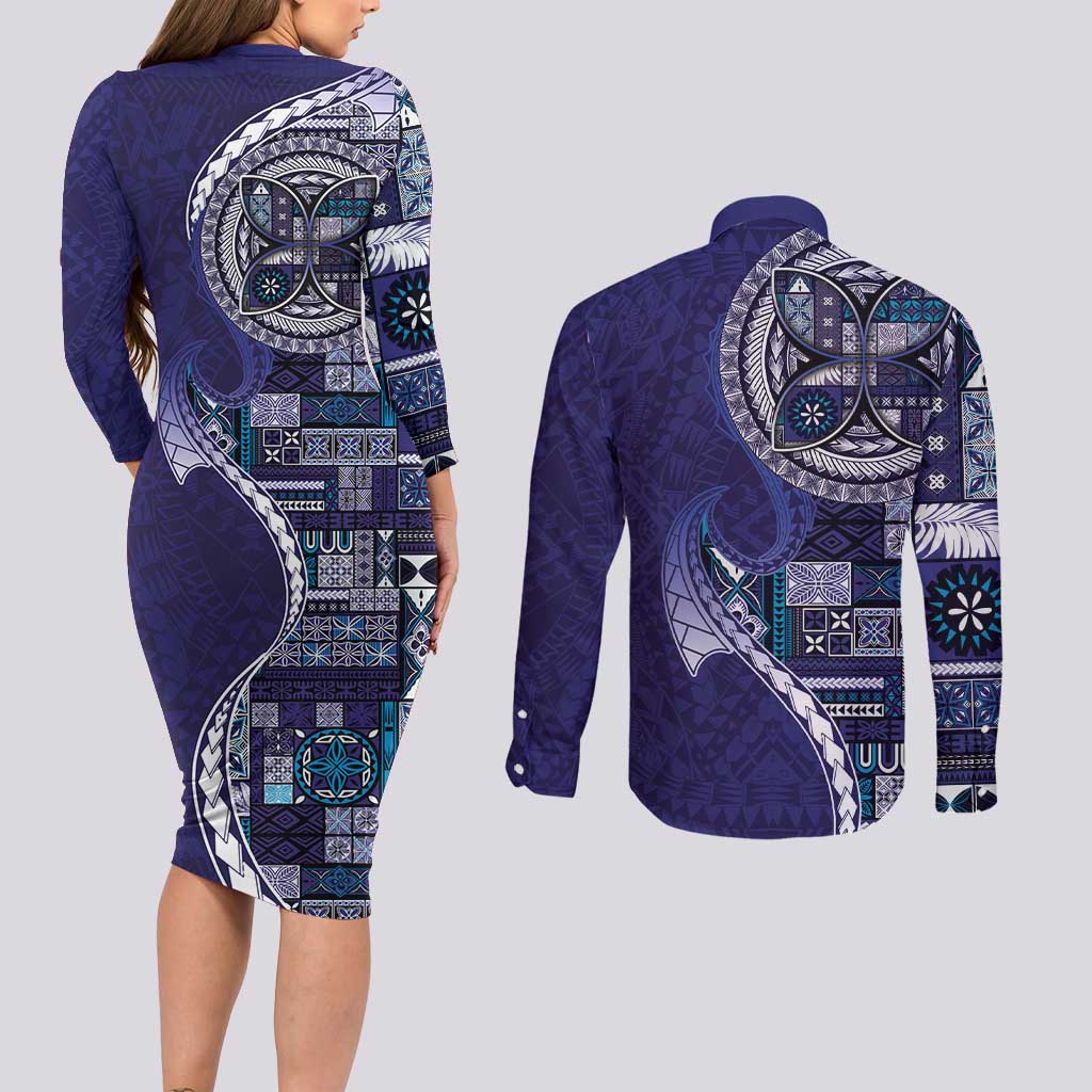 Samoan Siapo Art Tattoo Polynesian Pattern Couples Matching Long Sleeve Bodycon Dress and Long Sleeve Button Shirt Navy Color - Polynesian Pride