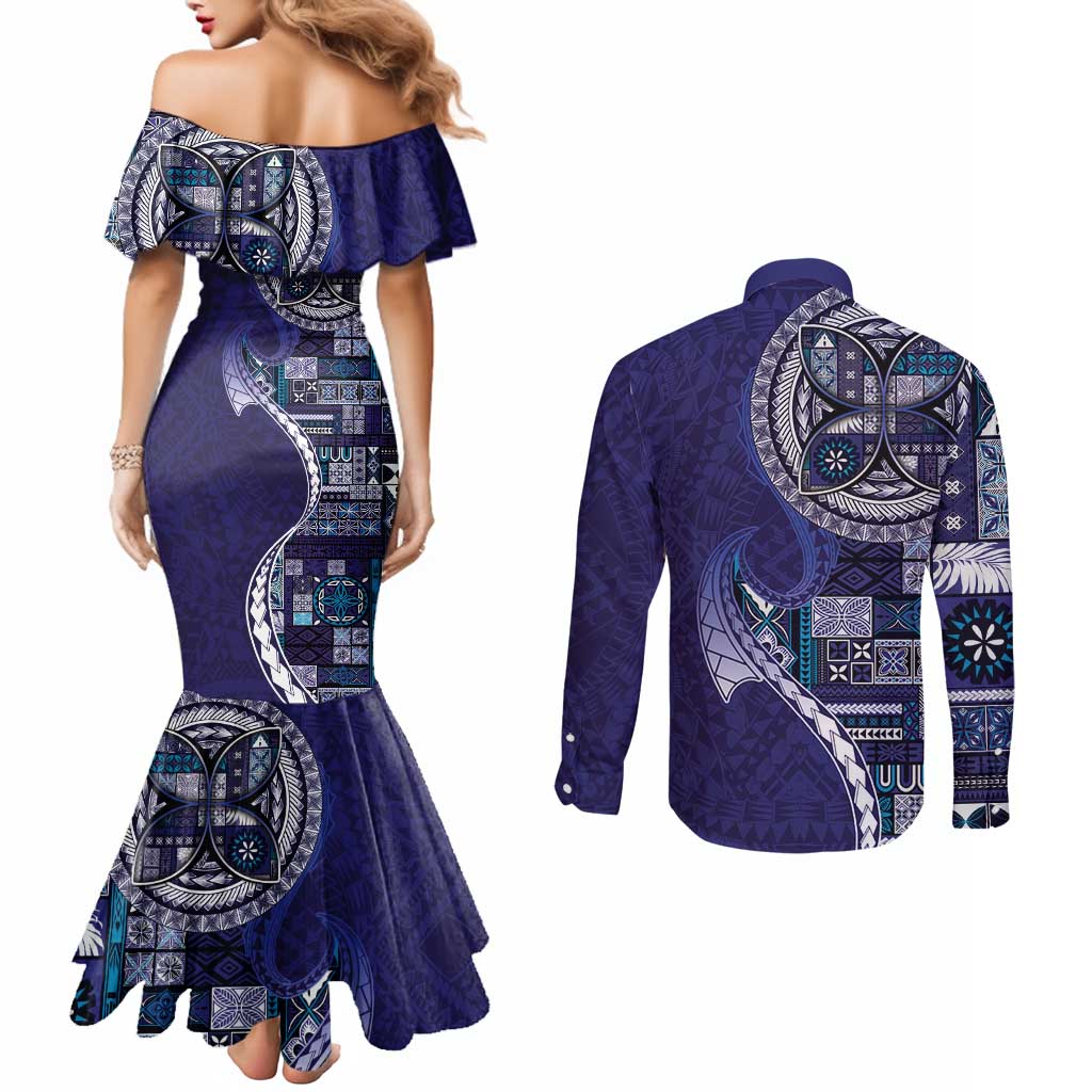 Samoan Siapo Art Tattoo Polynesian Pattern Couples Matching Mermaid Dress and Long Sleeve Button Shirt Navy Color - Polynesian Pride