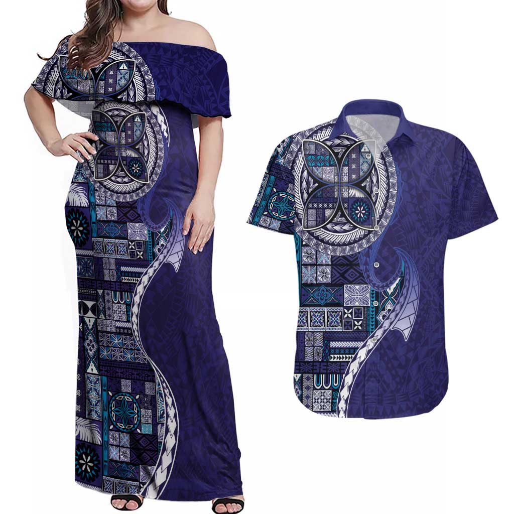 Samoan Siapo Art Tattoo Polynesian Pattern Couples Matching Off Shoulder Maxi Dress and Hawaiian Shirt Navy Color - Polynesian Pride