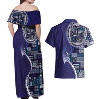 Samoan Siapo Art Tattoo Polynesian Pattern Couples Matching Off Shoulder Maxi Dress and Hawaiian Shirt Navy Color - Polynesian Pride
