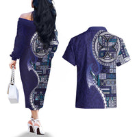 Samoan Siapo Art Tattoo Polynesian Pattern Couples Matching Off The Shoulder Long Sleeve Dress and Hawaiian Shirt Navy Color - Polynesian Pride
