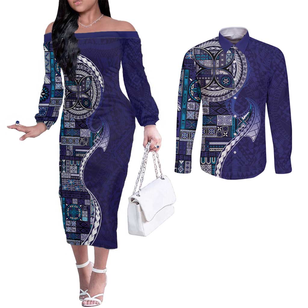 Samoan Siapo Art Tattoo Polynesian Pattern Couples Matching Off The Shoulder Long Sleeve Dress and Long Sleeve Button Shirt Navy Color - Polynesian Pride