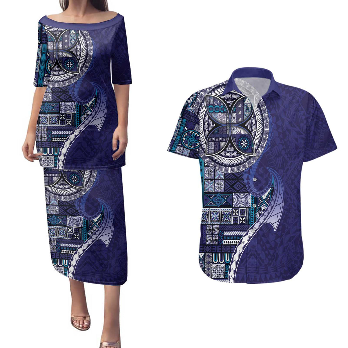Samoan Siapo Art Tattoo Polynesian Pattern Couples Matching Puletasi and Hawaiian Shirt Navy Color - Polynesian Pride