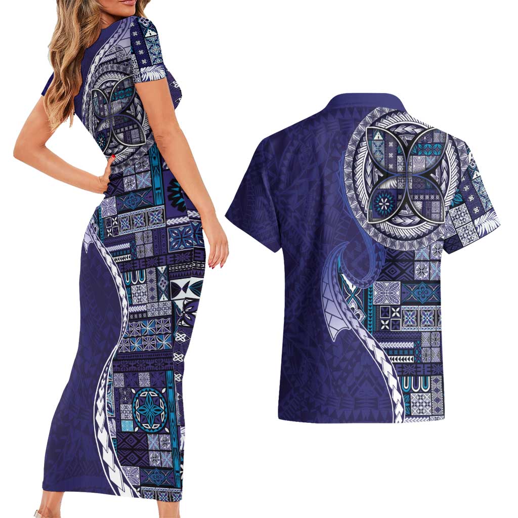 Samoan Siapo Art Tattoo Polynesian Pattern Couples Matching Short Sleeve Bodycon Dress and Hawaiian Shirt Navy Color - Polynesian Pride