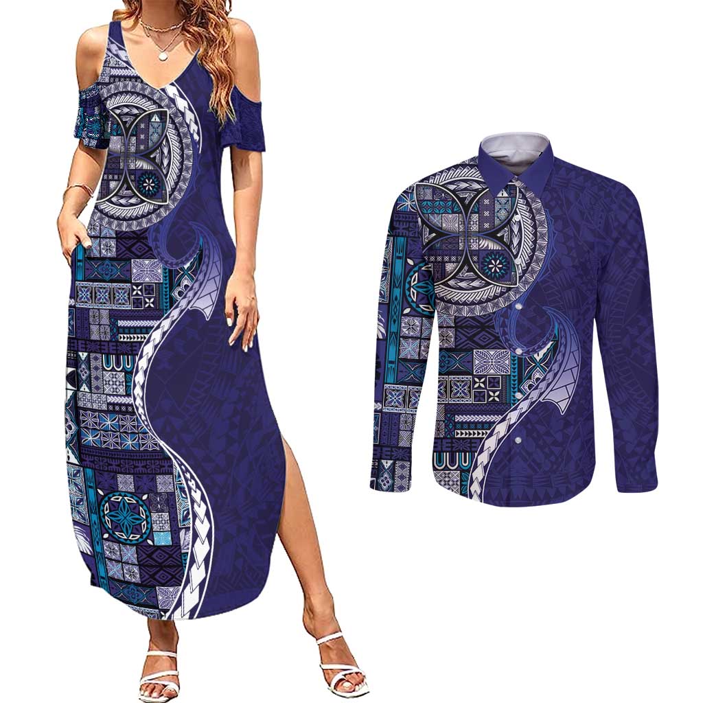 Samoan Siapo Art Tattoo Polynesian Pattern Couples Matching Summer Maxi Dress and Long Sleeve Button Shirt Navy Color - Polynesian Pride