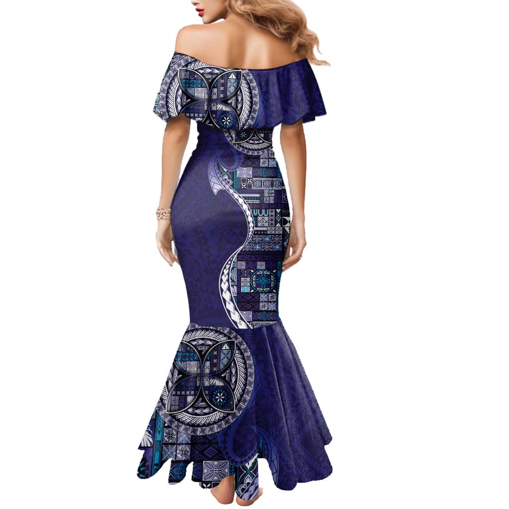 Samoan Siapo Art Tattoo Polynesian Pattern Family Matching Mermaid Dress and Hawaiian Shirt Navy Color - Polynesian Pride