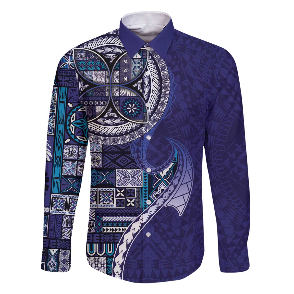 Samoan Siapo Art Tattoo Polynesian Pattern Family Matching Off The Shoulder Long Sleeve Dress and Hawaiian Shirt Navy Color - Polynesian Pride