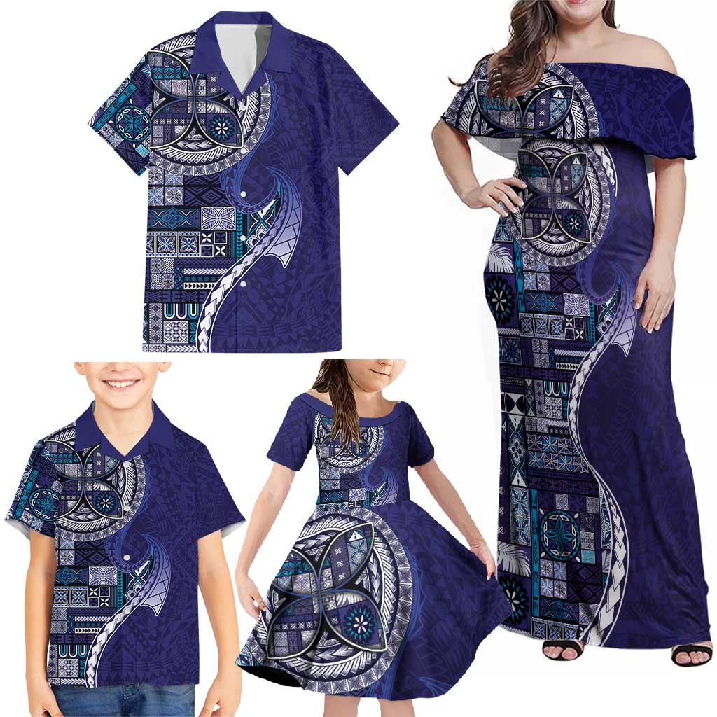 Samoan Siapo Art Tattoo Polynesian Pattern Family Matching Off Shoulder Maxi Dress and Hawaiian Shirt Navy Color - Polynesian Pride