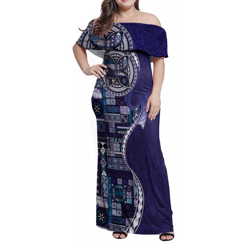 Samoan Siapo Art Tattoo Polynesian Pattern Family Matching Off Shoulder Maxi Dress and Hawaiian Shirt Navy Color - Polynesian Pride