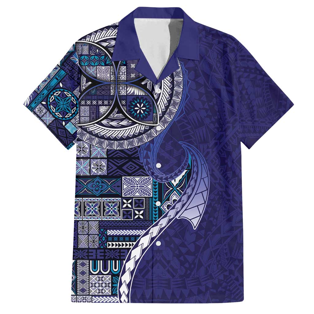 Samoan Siapo Art Tattoo Polynesian Pattern Family Matching Off Shoulder Short Dress and Hawaiian Shirt Navy Color - Polynesian Pride