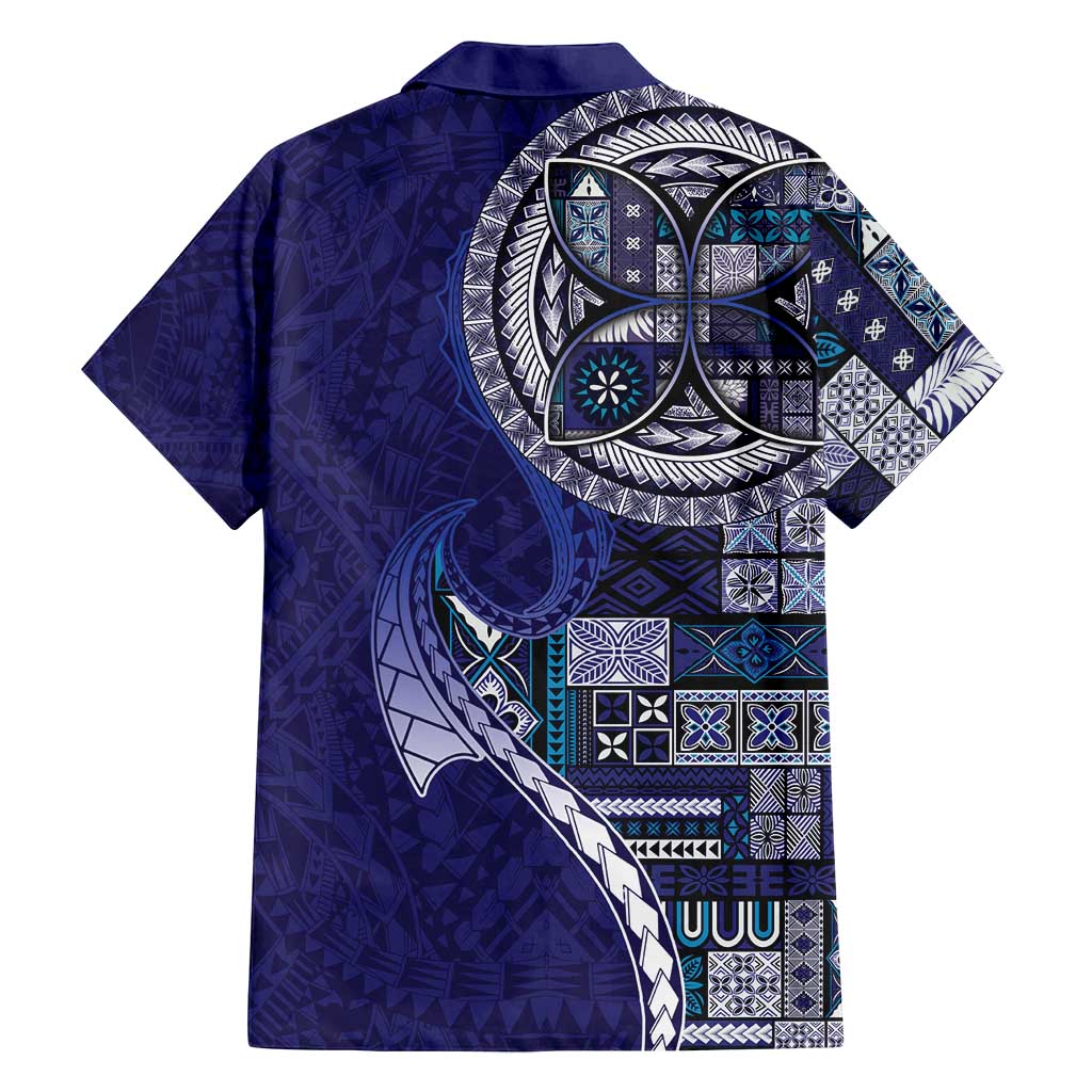 Samoan Siapo Art Tattoo Polynesian Pattern Family Matching Off Shoulder Short Dress and Hawaiian Shirt Navy Color - Polynesian Pride