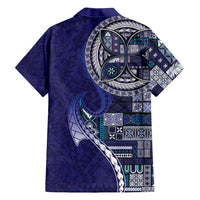 Samoan Siapo Art Tattoo Polynesian Pattern Family Matching Off Shoulder Short Dress and Hawaiian Shirt Navy Color - Polynesian Pride
