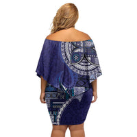 Samoan Siapo Art Tattoo Polynesian Pattern Family Matching Off Shoulder Short Dress and Hawaiian Shirt Navy Color - Polynesian Pride
