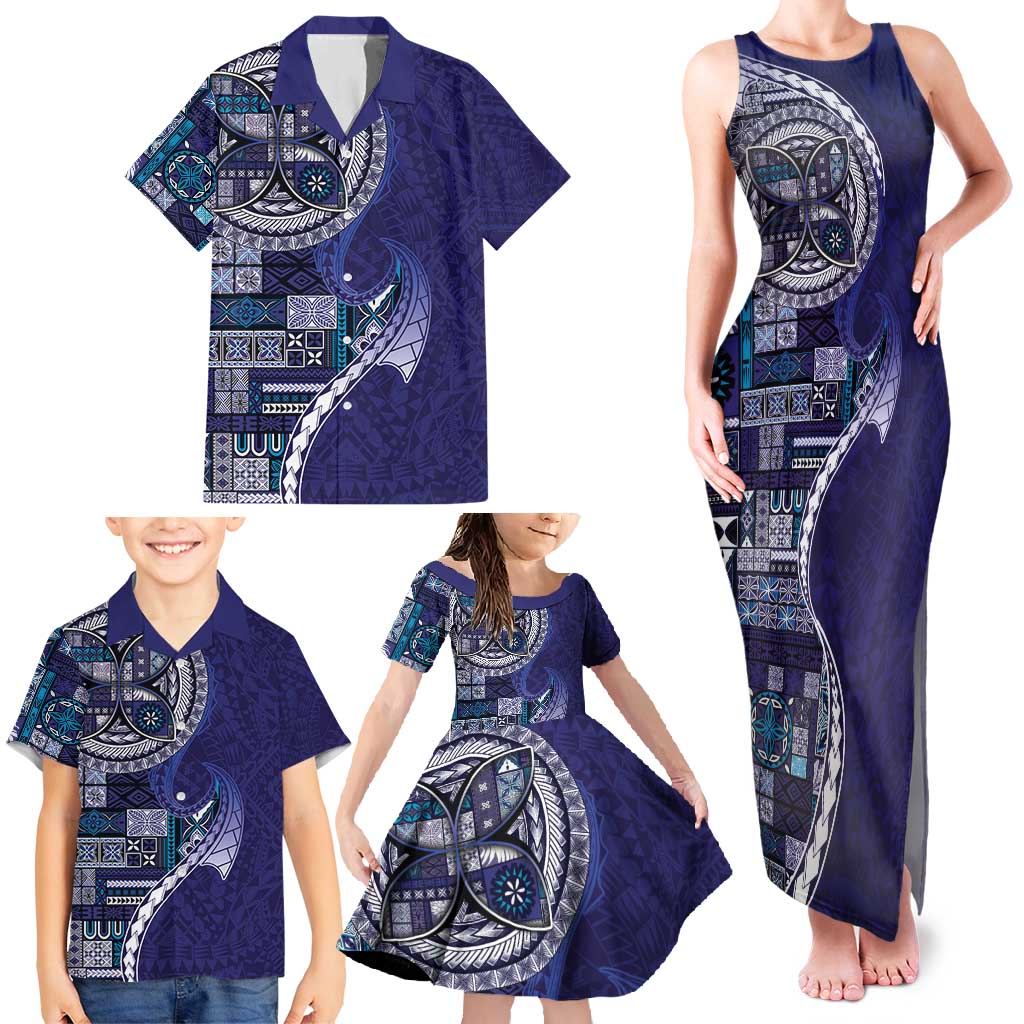 Samoan Siapo Art Tattoo Polynesian Pattern Family Matching Tank Maxi Dress and Hawaiian Shirt Navy Color - Polynesian Pride