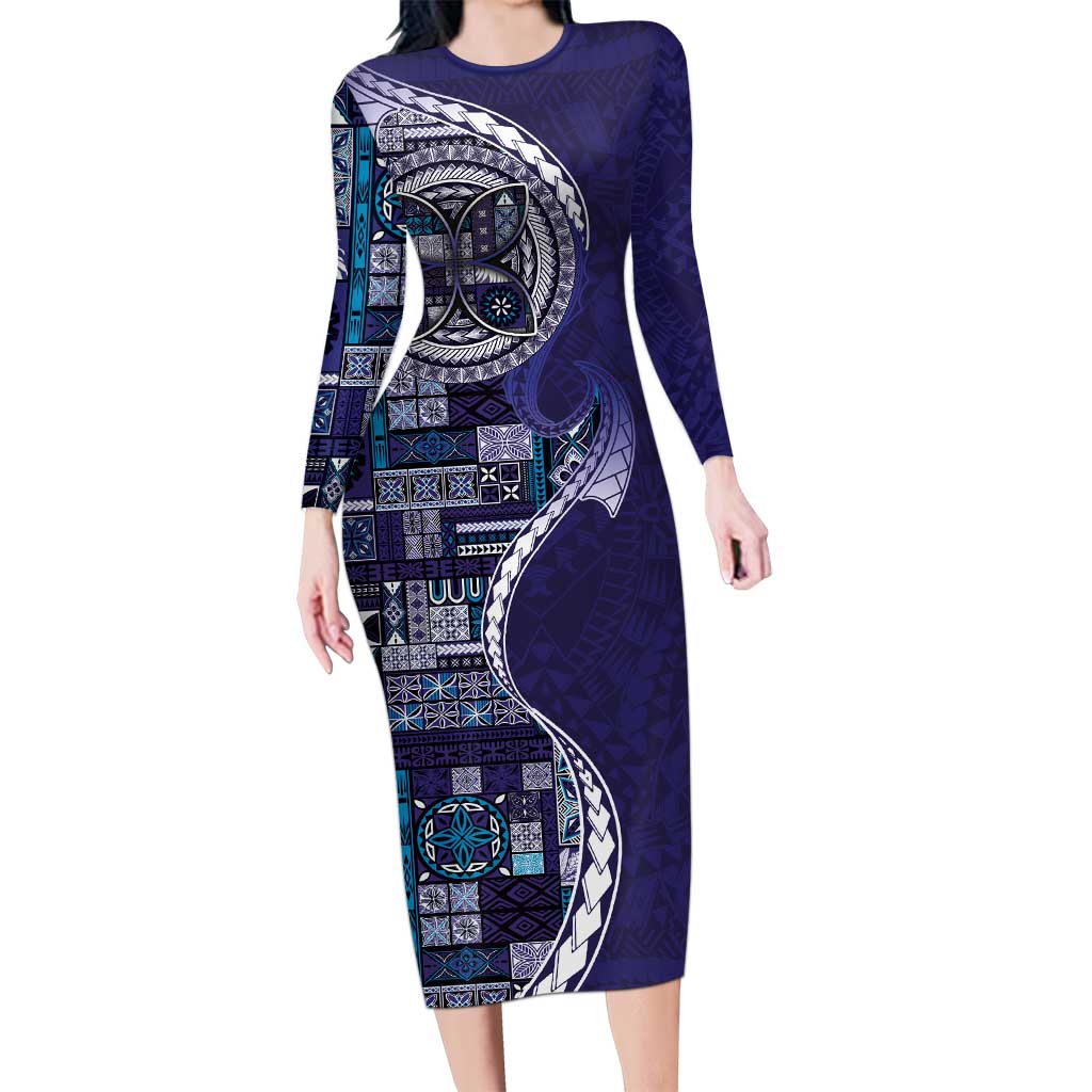 Samoan Siapo Art Tattoo Polynesian Pattern Long Sleeve Bodycon Dress Navy Color - Polynesian Pride