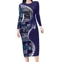 Samoan Siapo Art Tattoo Polynesian Pattern Long Sleeve Bodycon Dress Navy Color - Polynesian Pride