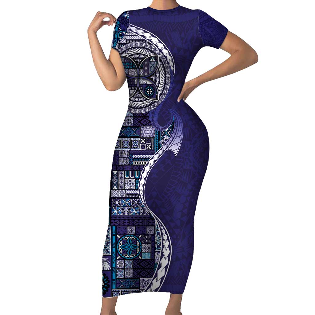 Samoan Siapo Art Tattoo Polynesian Pattern Short Sleeve Bodycon Dress Navy Color - Polynesian Pride