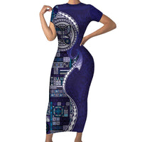 Samoan Siapo Art Tattoo Polynesian Pattern Short Sleeve Bodycon Dress Navy Color - Polynesian Pride