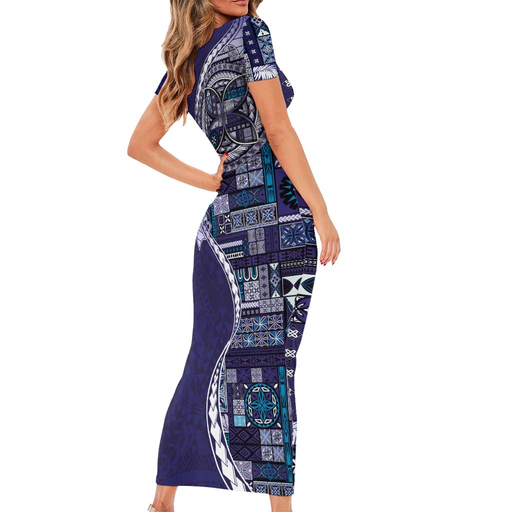 Samoan Siapo Art Tattoo Polynesian Pattern Short Sleeve Bodycon Dress Navy Color - Polynesian Pride