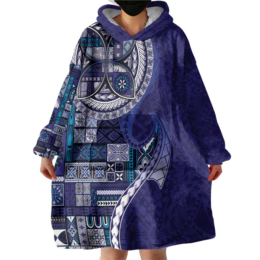 Samoan Siapo Art Tattoo Polynesian Pattern Wearable Blanket Hoodie Navy Color - Polynesian Pride
