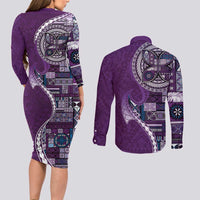 Samoan Siapo Art Tattoo Polynesian Pattern Couples Matching Long Sleeve Bodycon Dress and Long Sleeve Button Shirt Purple Color - undefined