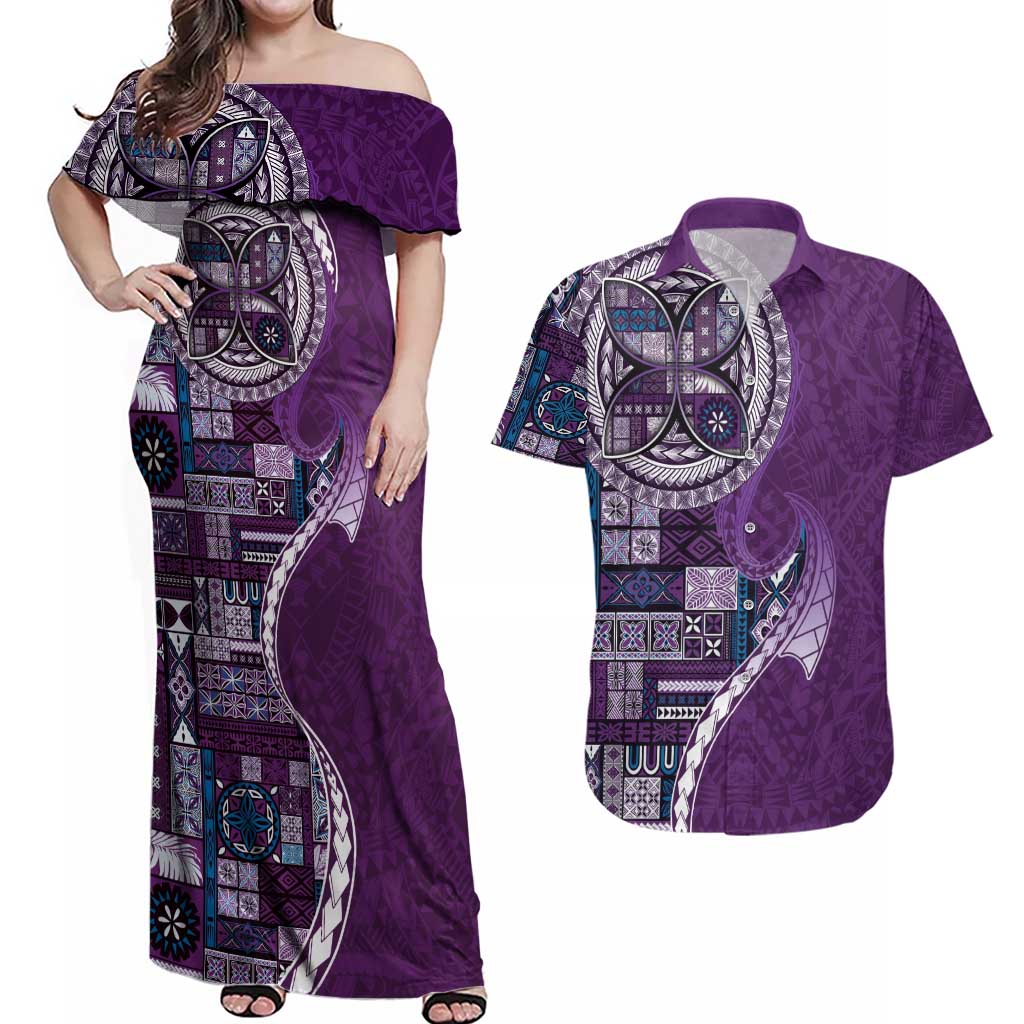 Samoan Siapo Art Tattoo Polynesian Pattern Couples Matching Off Shoulder Maxi Dress and Hawaiian Shirt Purple Color - Polynesian Pride