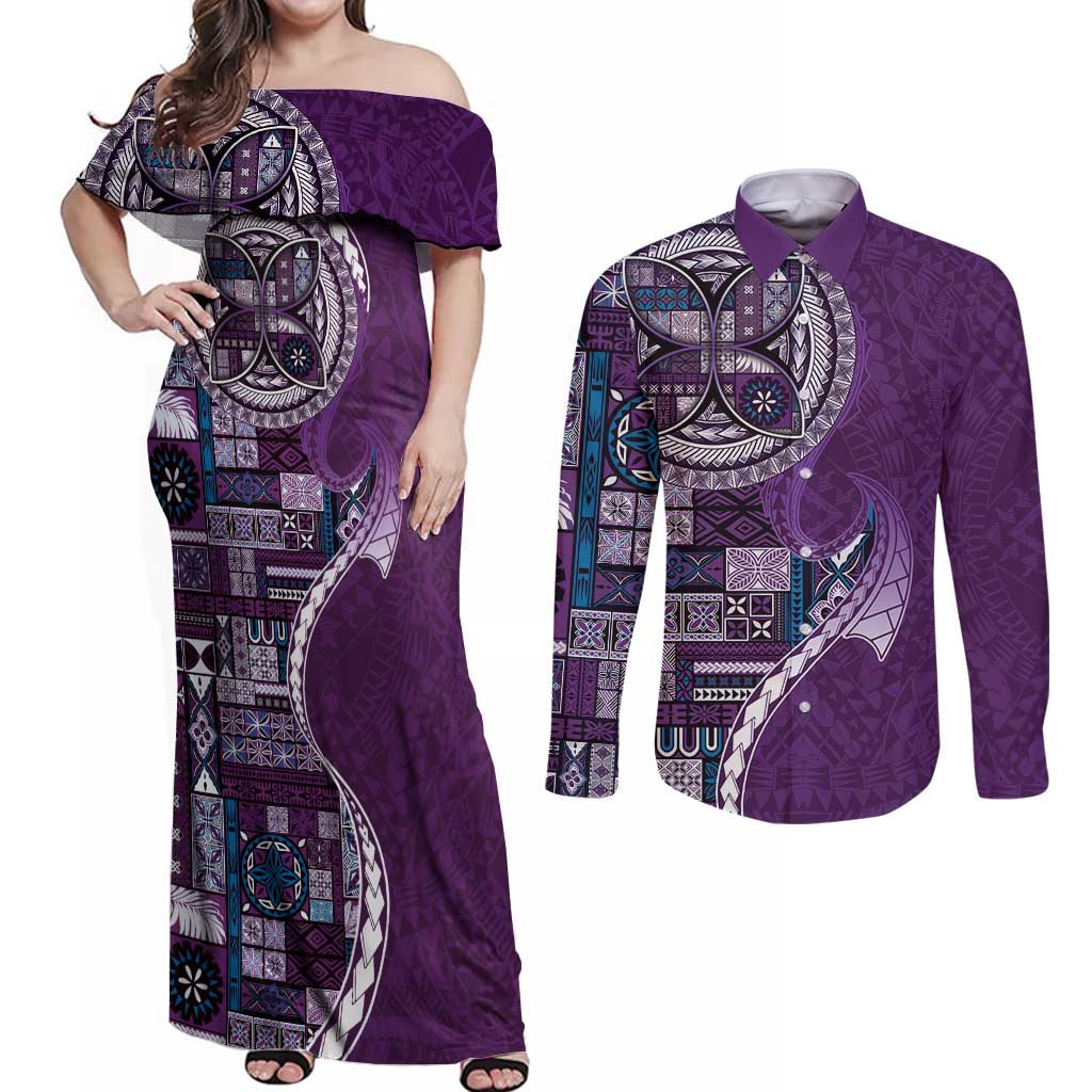 Samoan Siapo Art Tattoo Polynesian Pattern Couples Matching Off Shoulder Maxi Dress and Long Sleeve Button Shirt Purple Color - Polynesian Pride