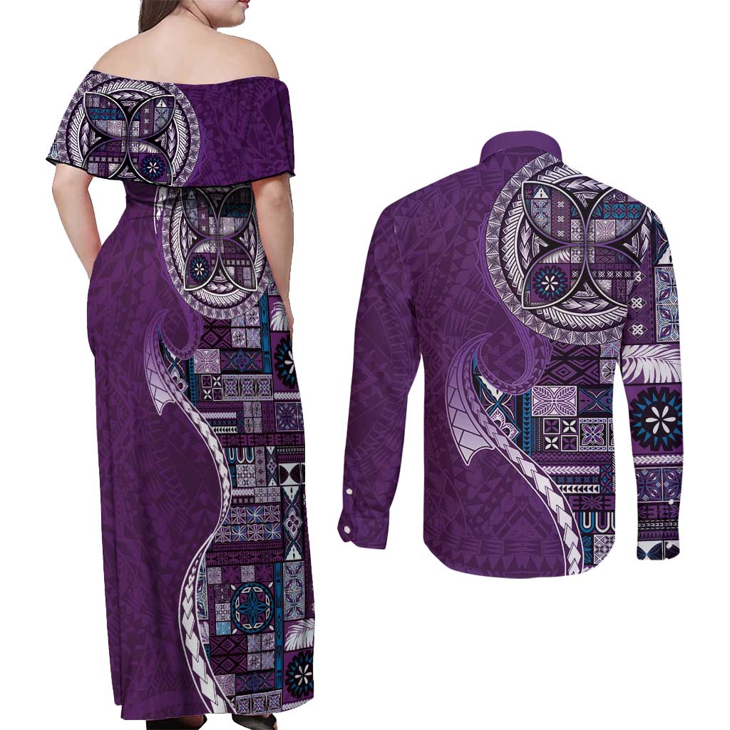 Samoan Siapo Art Tattoo Polynesian Pattern Couples Matching Off Shoulder Maxi Dress and Long Sleeve Button Shirt Purple Color - Polynesian Pride