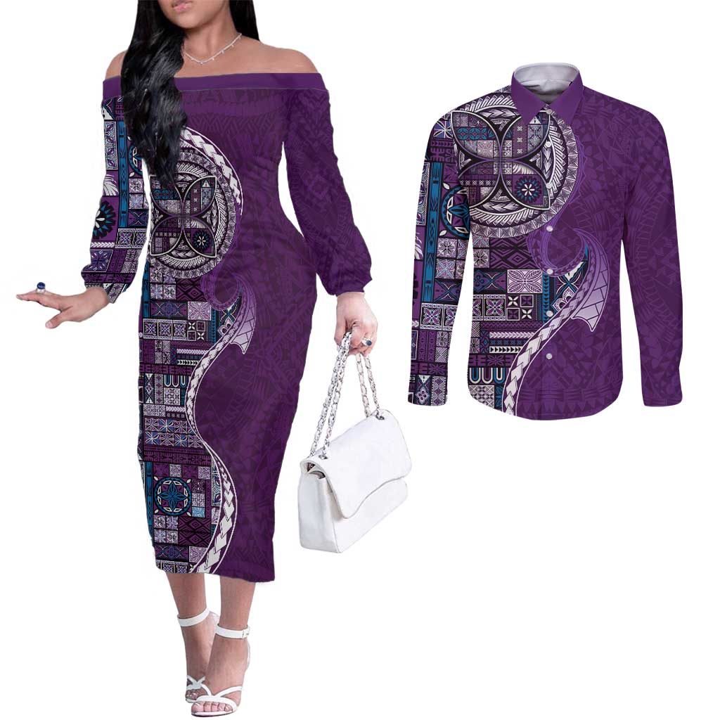 Samoan Siapo Art Tattoo Polynesian Pattern Couples Matching Off The Shoulder Long Sleeve Dress and Long Sleeve Button Shirt Purple Color - Polynesian Pride