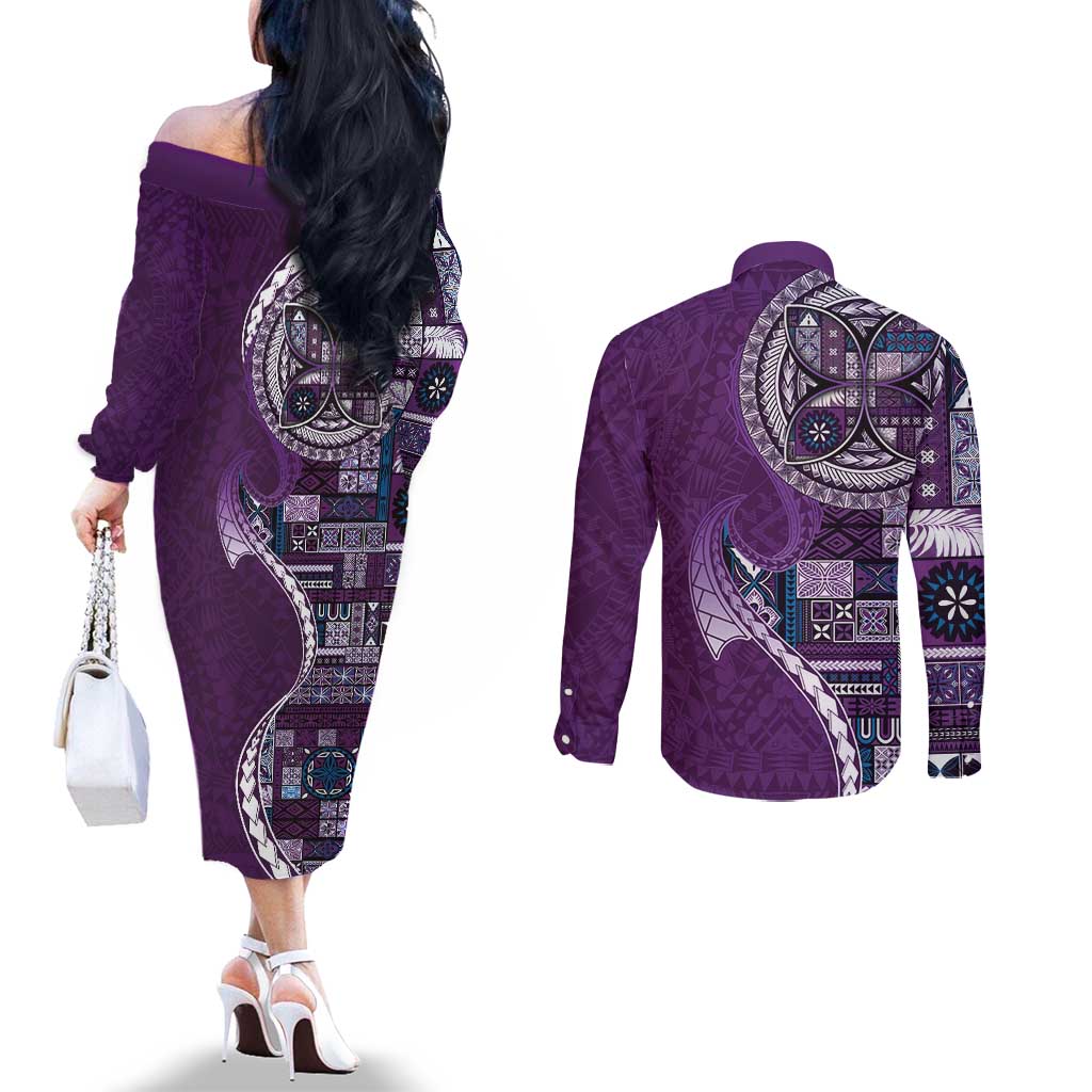 Samoan Siapo Art Tattoo Polynesian Pattern Couples Matching Off The Shoulder Long Sleeve Dress and Long Sleeve Button Shirt Purple Color - Polynesian Pride