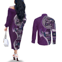 Samoan Siapo Art Tattoo Polynesian Pattern Couples Matching Off The Shoulder Long Sleeve Dress and Long Sleeve Button Shirt Purple Color - Polynesian Pride