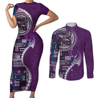 Samoan Siapo Art Tattoo Polynesian Pattern Couples Matching Short Sleeve Bodycon Dress and Long Sleeve Button Shirt Purple Color - Polynesian Pride