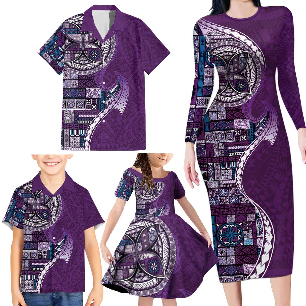 Samoan Siapo Art Tattoo Polynesian Pattern Family Matching Long Sleeve Bodycon Dress and Hawaiian Shirt Purple Color - Polynesian Pride