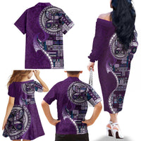 Samoan Siapo Art Tattoo Polynesian Pattern Family Matching Off The Shoulder Long Sleeve Dress and Hawaiian Shirt Purple Color - Polynesian Pride
